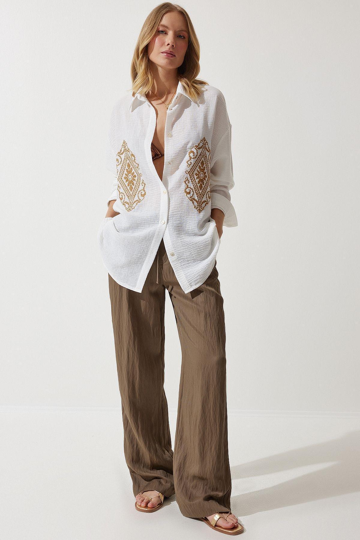 White Embroidered Button Down Shirt, C101_5696, large image number 0