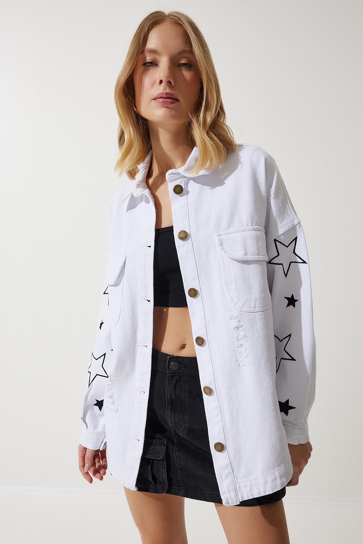 White Embroidered Oversize Shirt Jacket, C101_5696, large image number 0