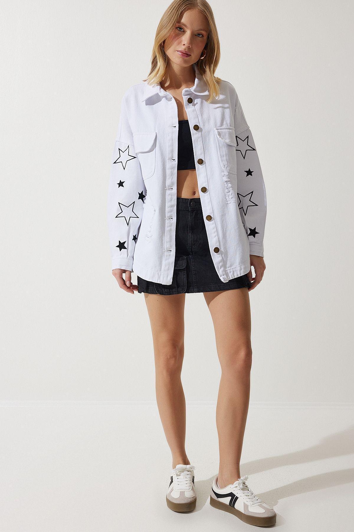 White Embroidered Oversize Shirt Jacket, C101_5696, large image number 1