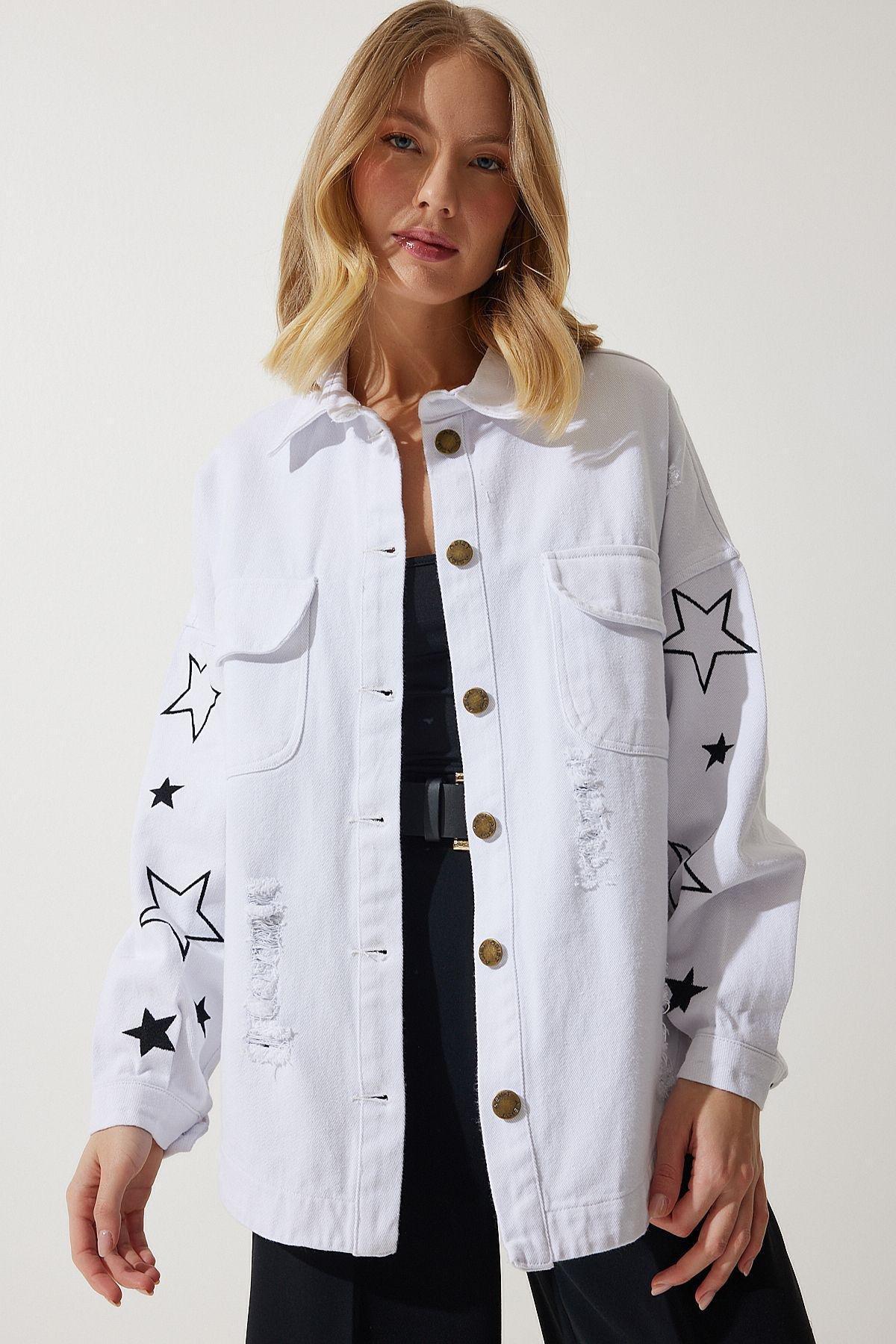 White Embroidered Oversize Shirt Jacket, C101_5696, large image number 2