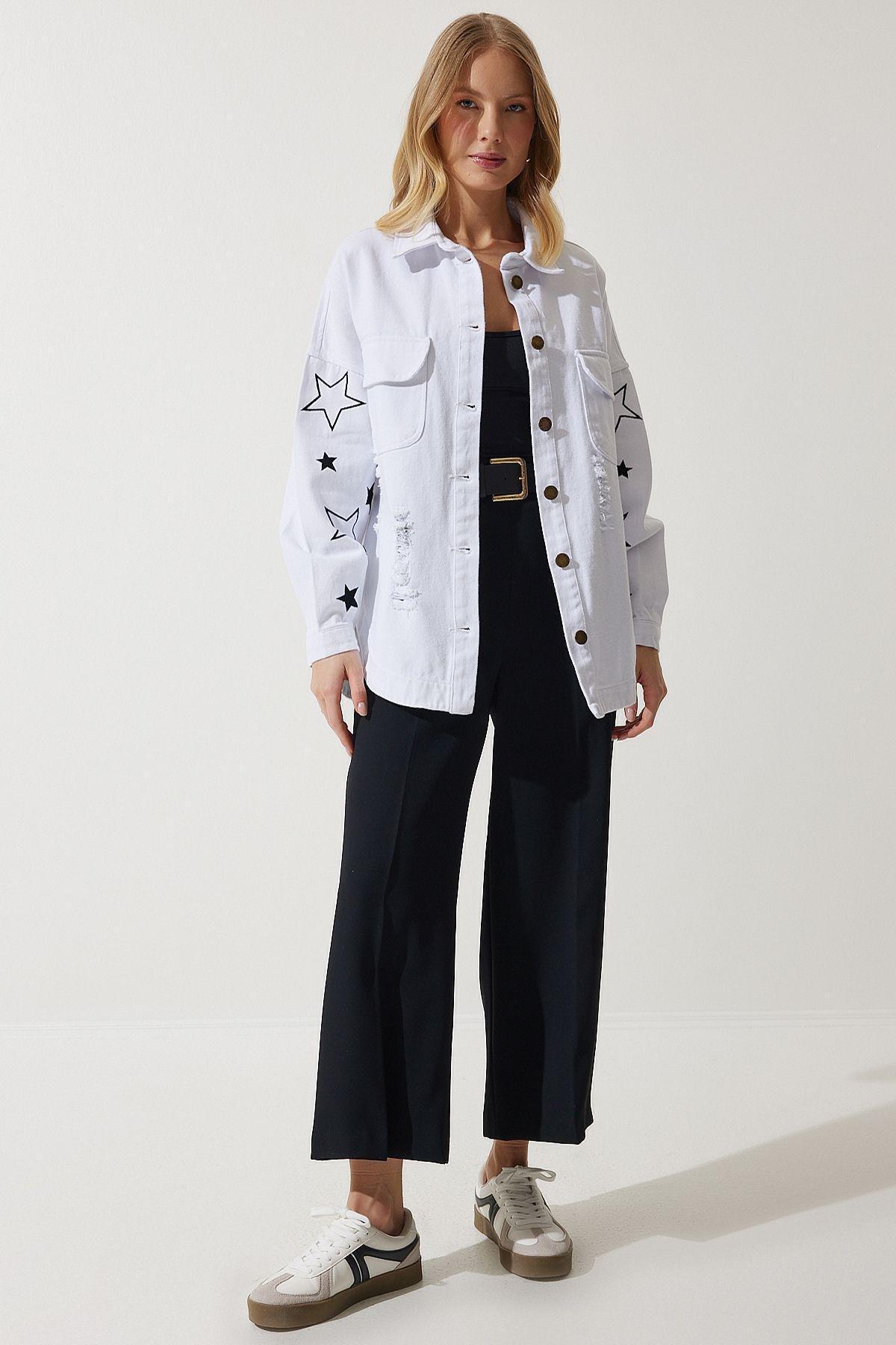 White Embroidered Oversize Shirt Jacket, C101_5696, large image number 4
