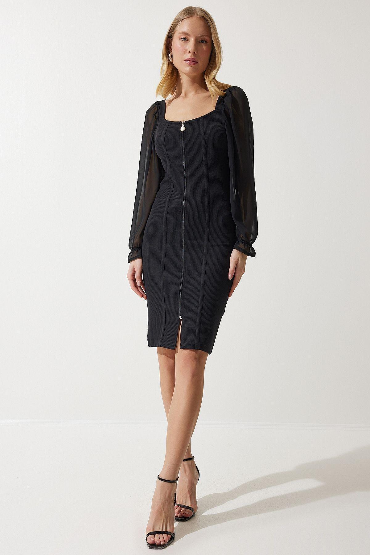 Black Zippered Ribbed Knitted Dress, , large image number 0