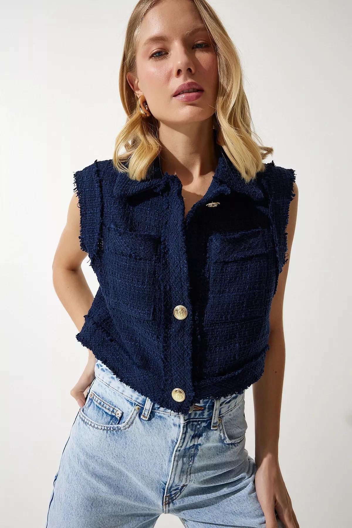 Navy Buttoned Patterned Crop Vest, Navy blue, large image number 0