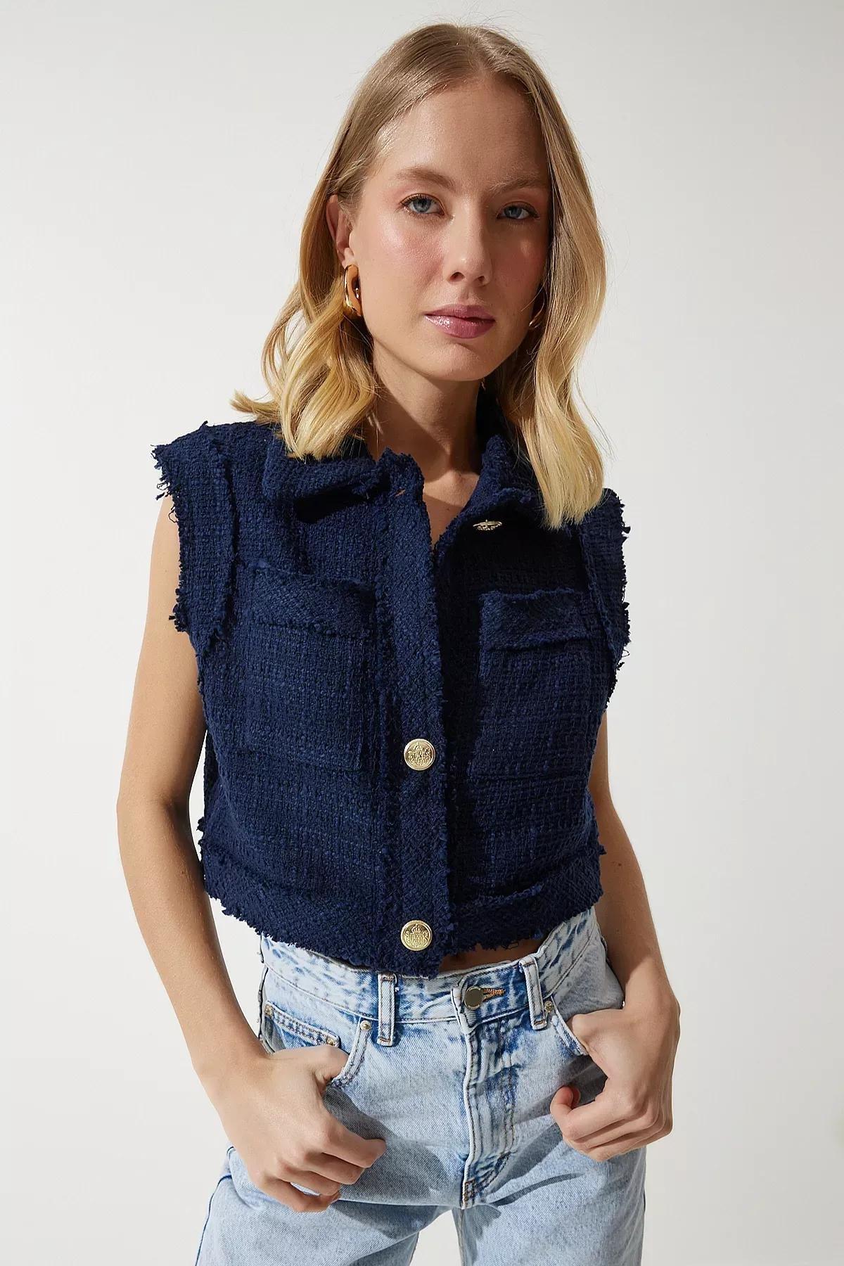 Navy Buttoned Patterned Crop Vest, Navy blue, large image number 1