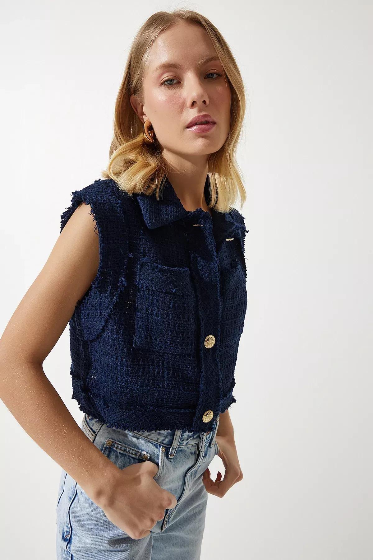 Navy Buttoned Patterned Crop Vest, Navy blue, large image number 2