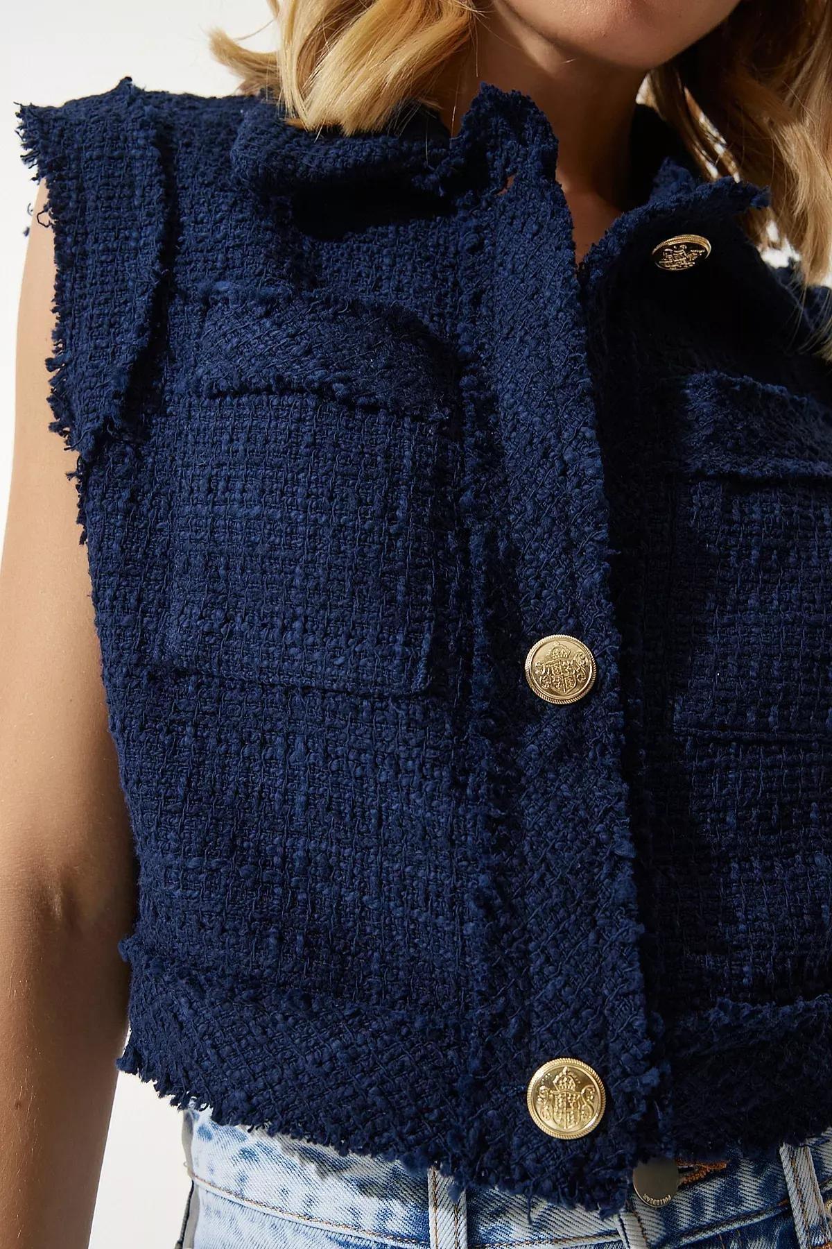 Navy Buttoned Patterned Crop Vest, Navy blue, large image number 3