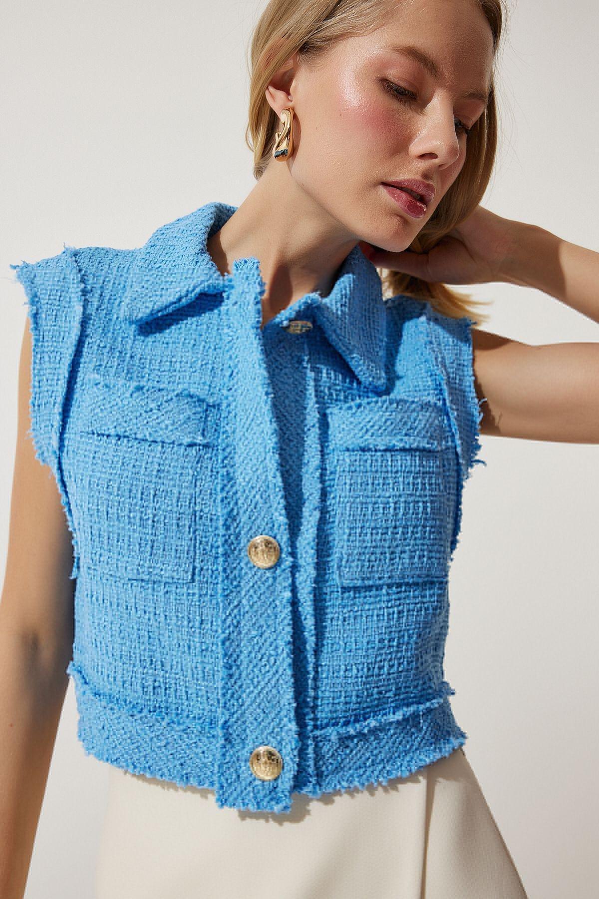 Blue Buttoned Patterned Crop Tweed Vest, , large image number 3