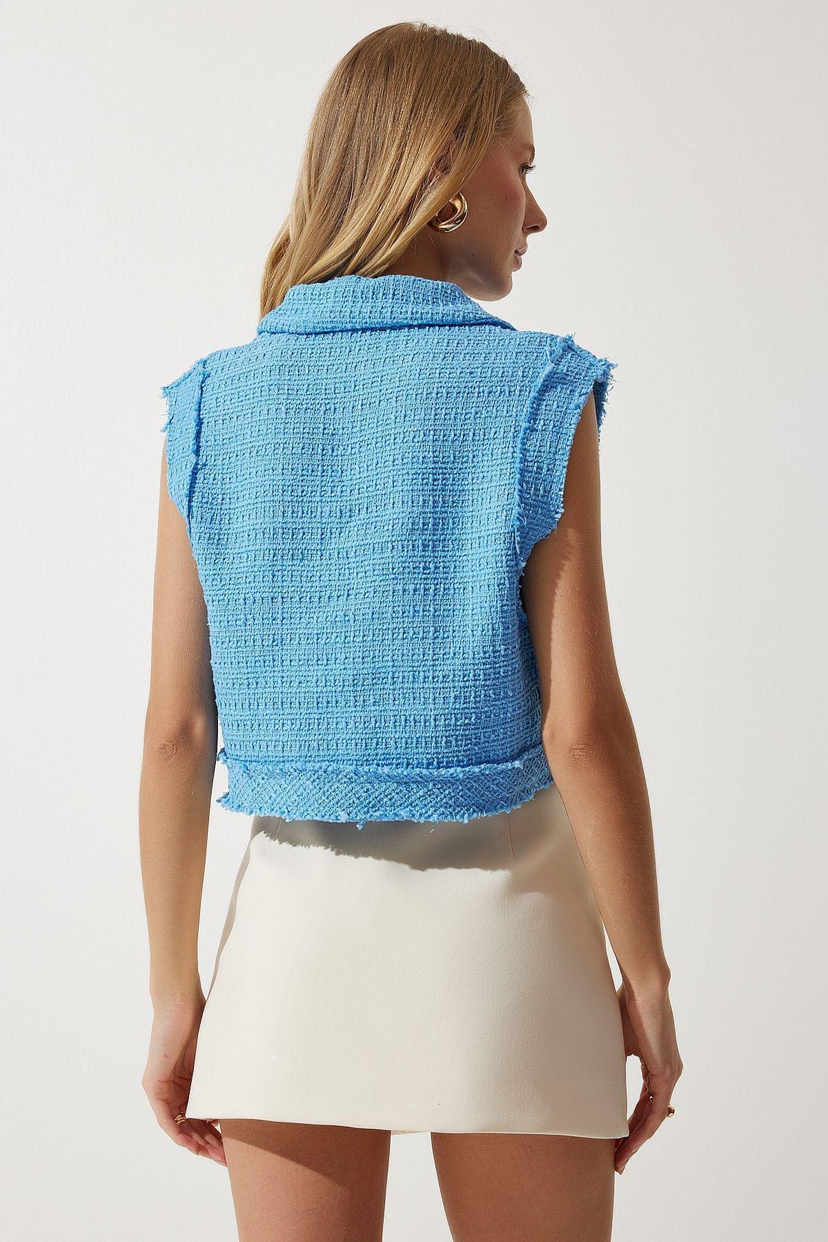 Blue Buttoned Patterned Crop Tweed Vest, , large image number 5