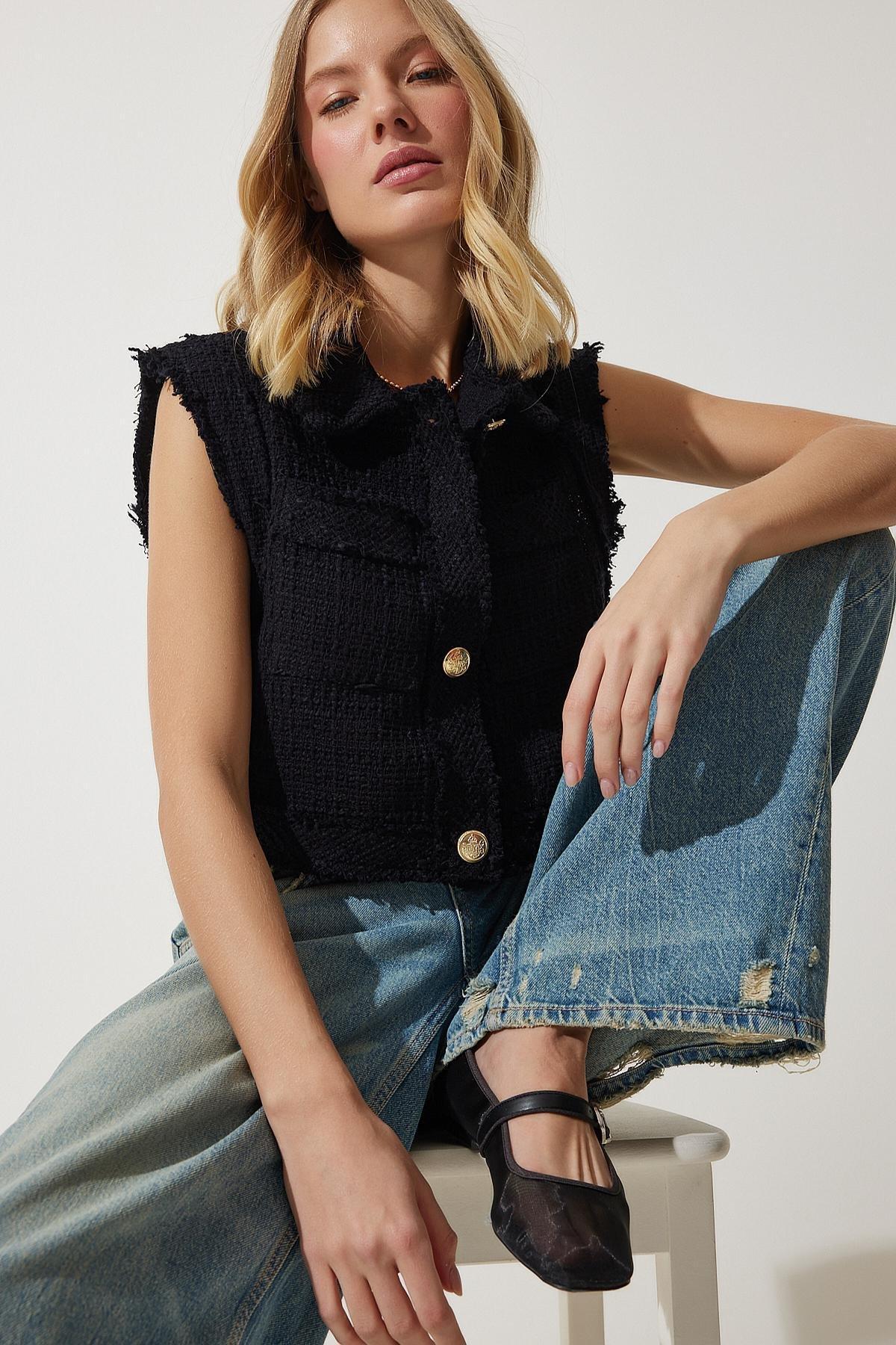 Womens Black Stylish Buttoned Patterned Crop Tweed Vest WF00068, single, , large image number 0