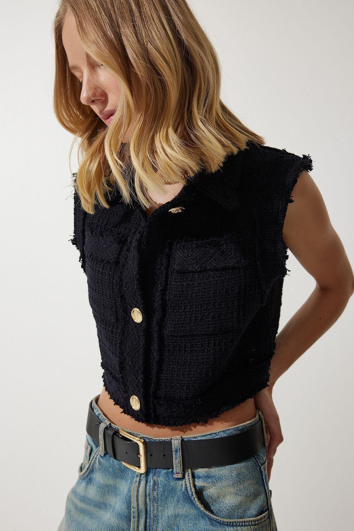 Womens Black Stylish Buttoned Patterned Crop Tweed Vest WF00068, single, , large image number 3