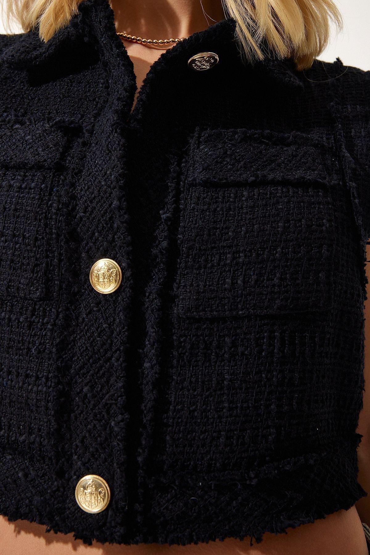 Womens Black Stylish Buttoned Patterned Crop Tweed Vest WF00068, single, , large image number 4
