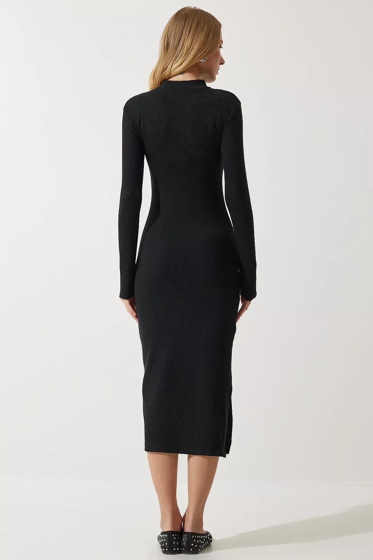 Black Ribbed Sweater Maxi Dress, , large image number 4