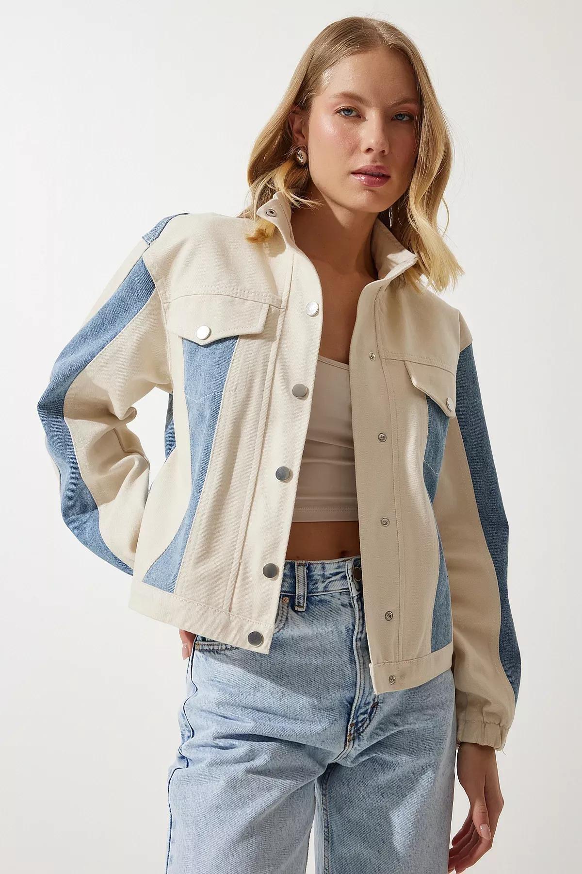 Cream Gabardine Block Color Jacket, Cream Blue, large image number 1