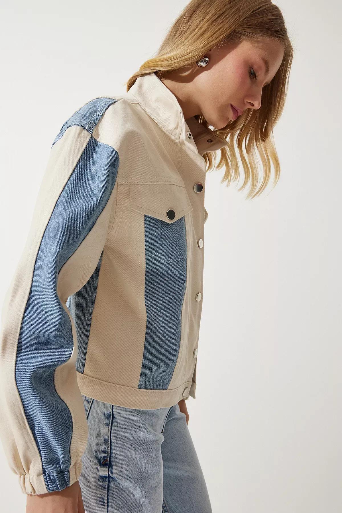 Cream Gabardine Block Color Jacket, Cream Blue, large image number 3