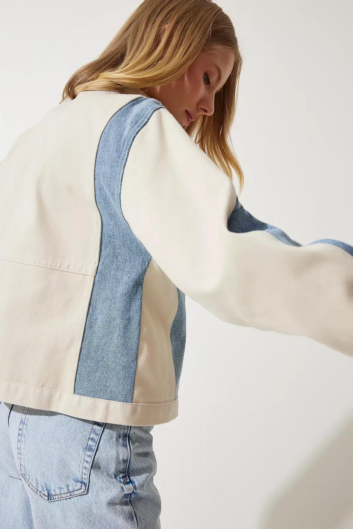 Cream Gabardine Block Color Jacket, Cream Blue, large image number 4