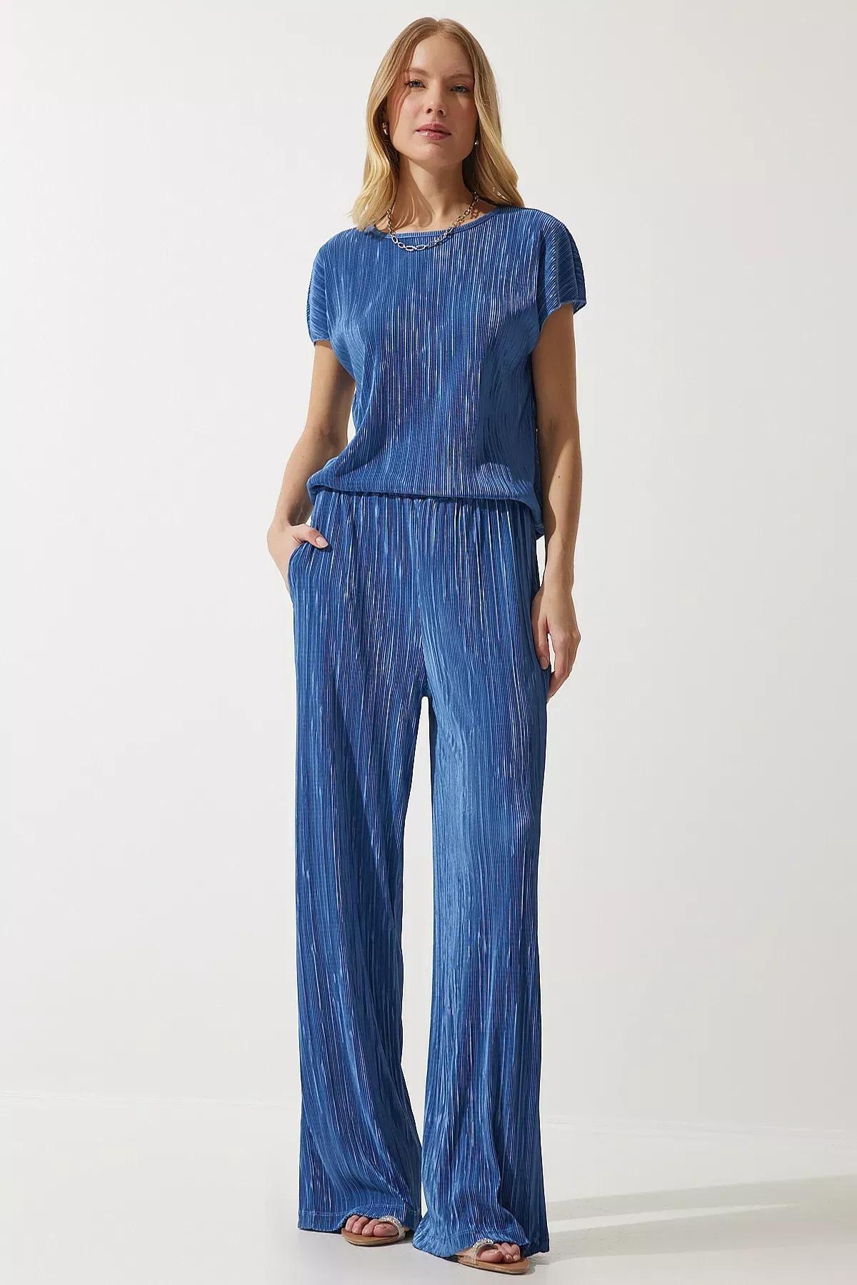 Blue Pleated Blouse Pants Set, Navy blue, large image number 0