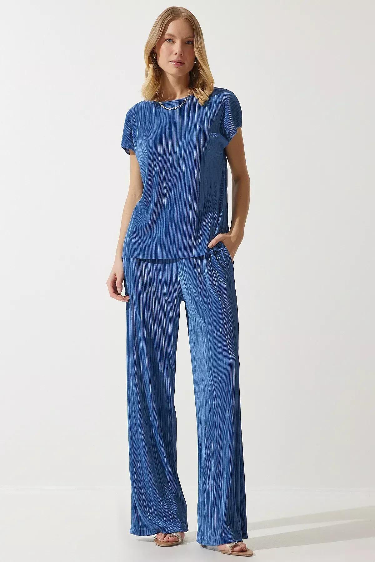 Blue Pleated Blouse Pants Set, Navy blue, large image number 1