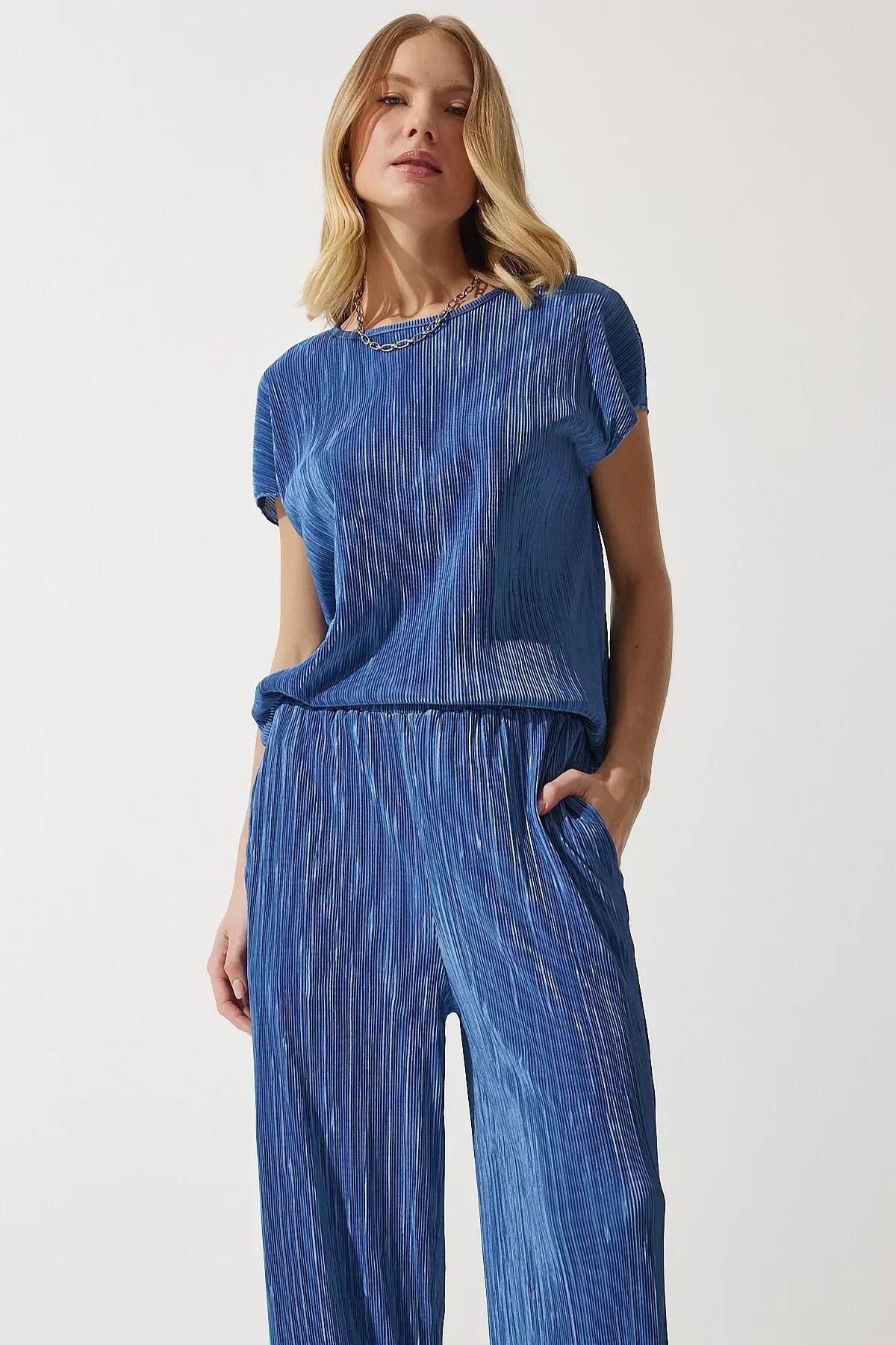 Blue Pleated Blouse Pants Set, Navy blue, large image number 2