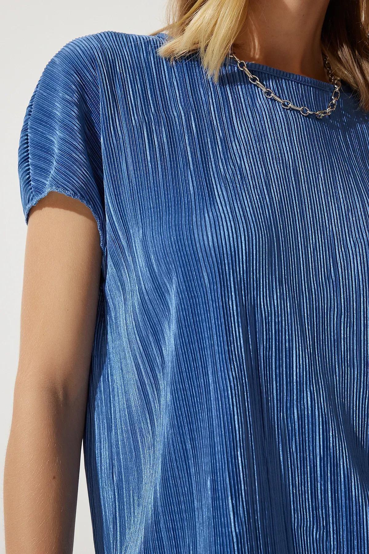 Blue Pleated Blouse Pants Set, Navy blue, large image number 4