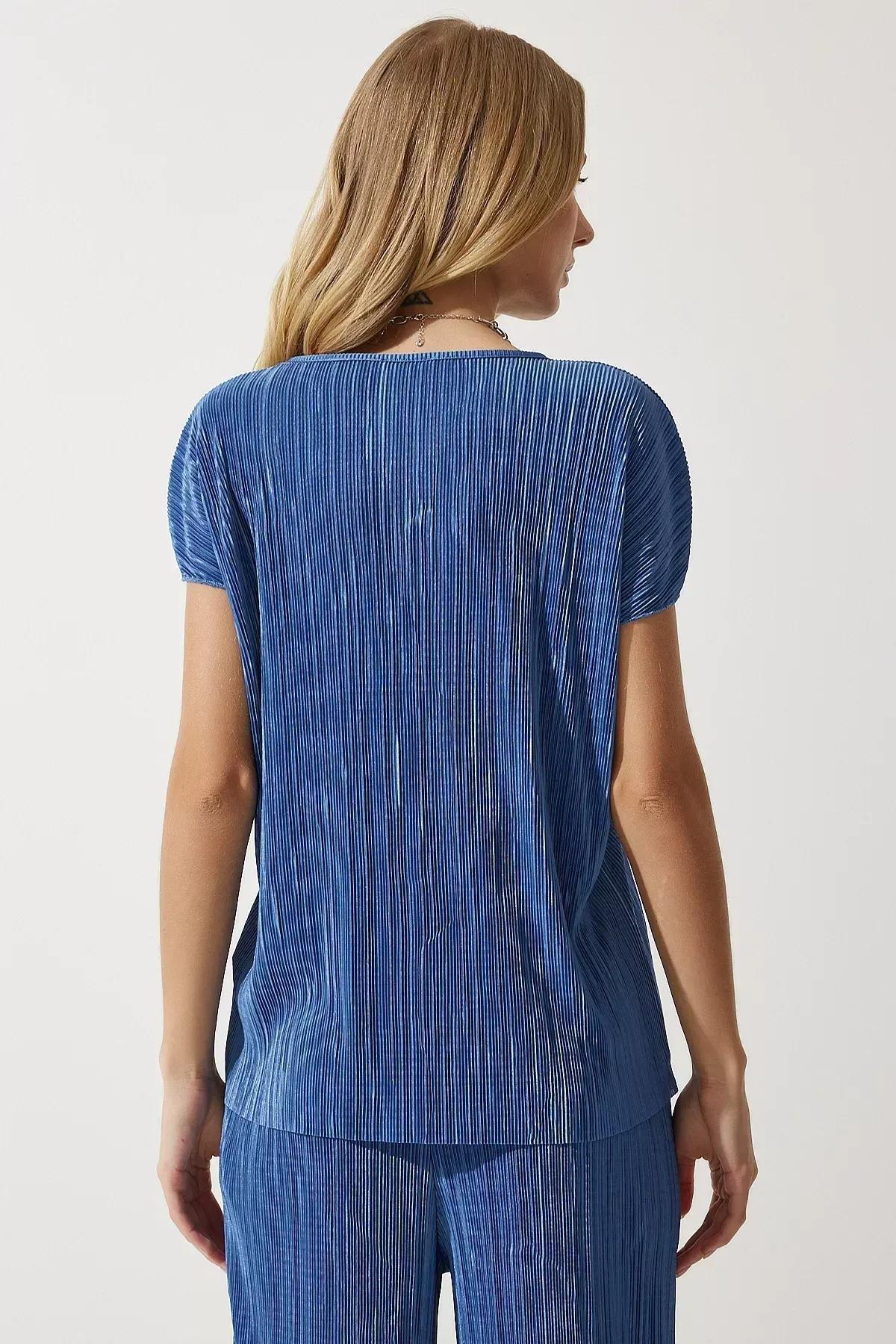 Blue Pleated Blouse Pants Set, Navy blue, large image number 5