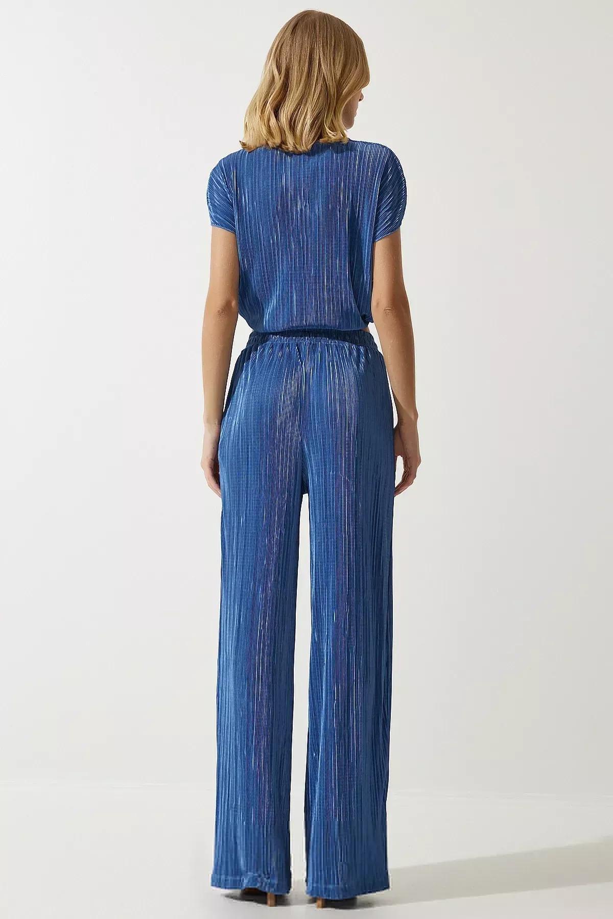 Blue Pleated Blouse Pants Set, Navy blue, large image number 6