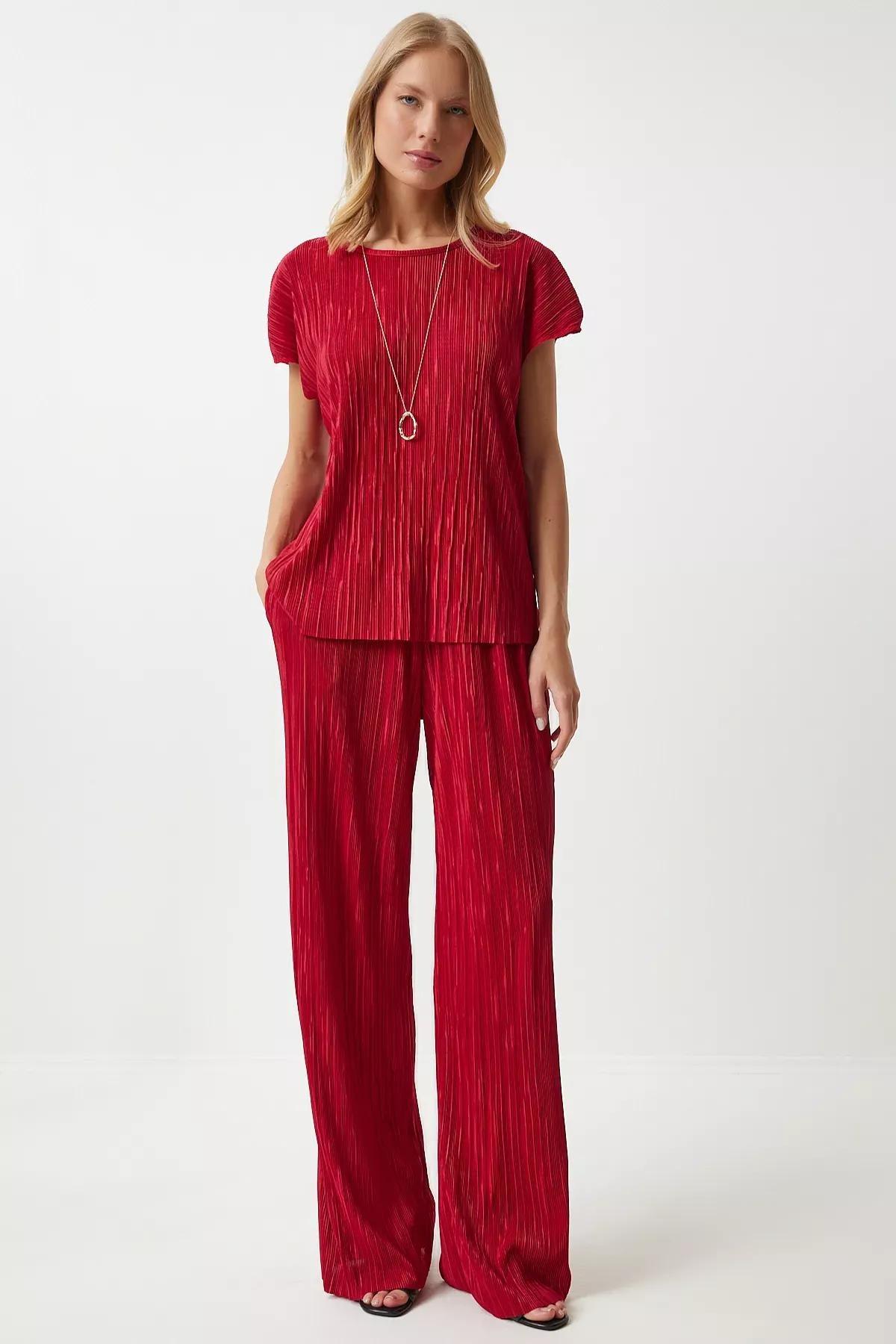 Red Pleated Casual Blouse Trousers Set, Red, large image number 0