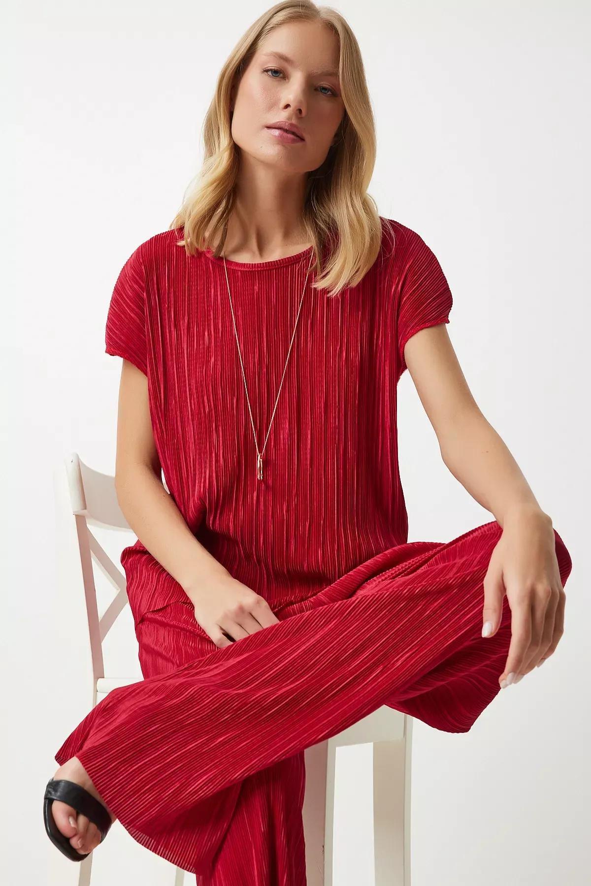 Red Pleated Casual Blouse Trousers Set, Red, large image number 1