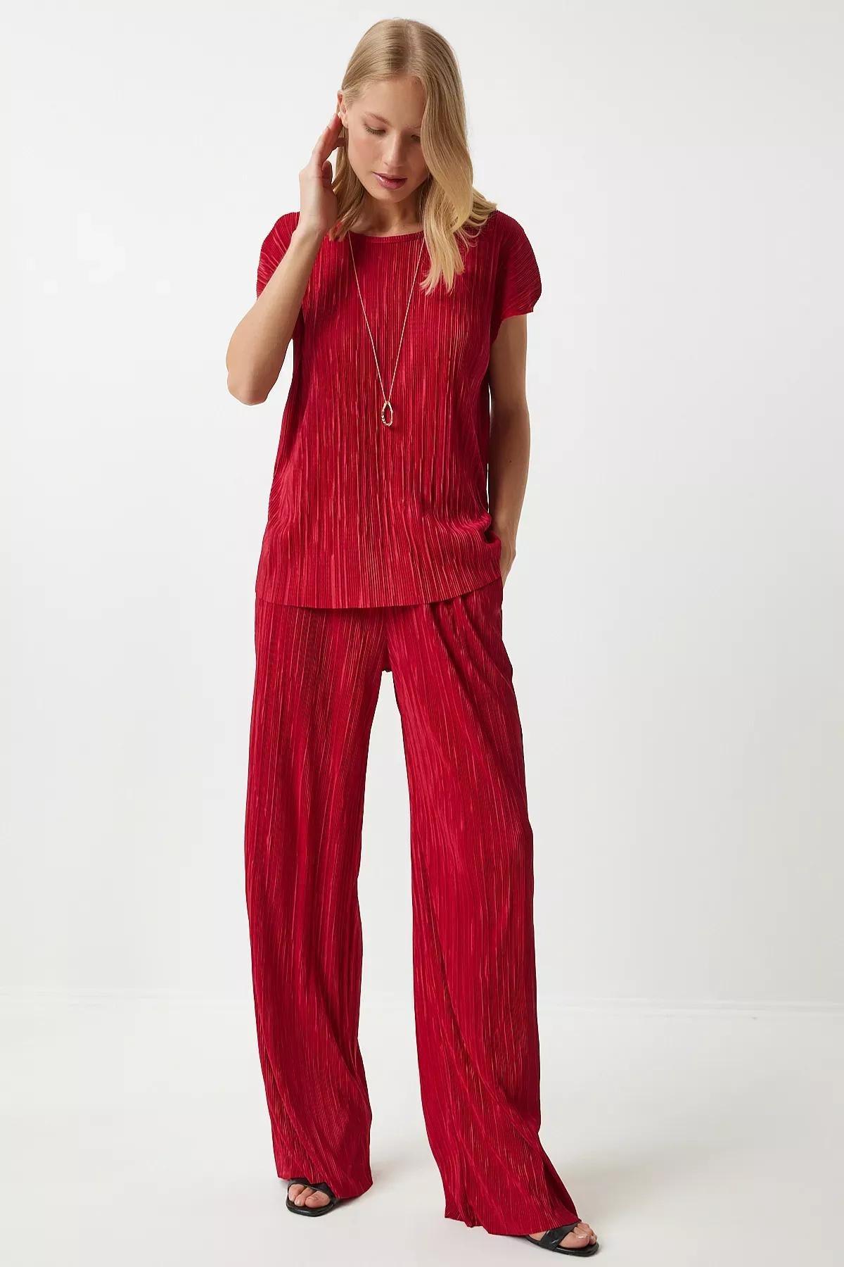 Red Pleated Casual Blouse Trousers Set, Red, large image number 2