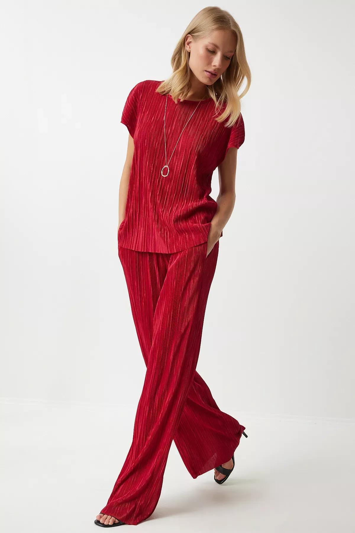 Red Pleated Casual Blouse Trousers Set, Red, large image number 3
