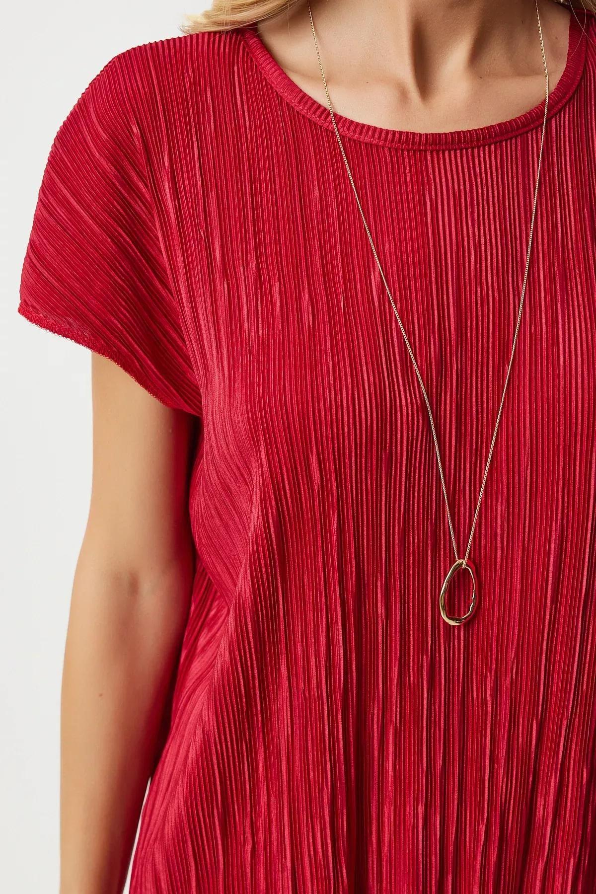 Red Pleated Casual Blouse Trousers Set, Red, large image number 4