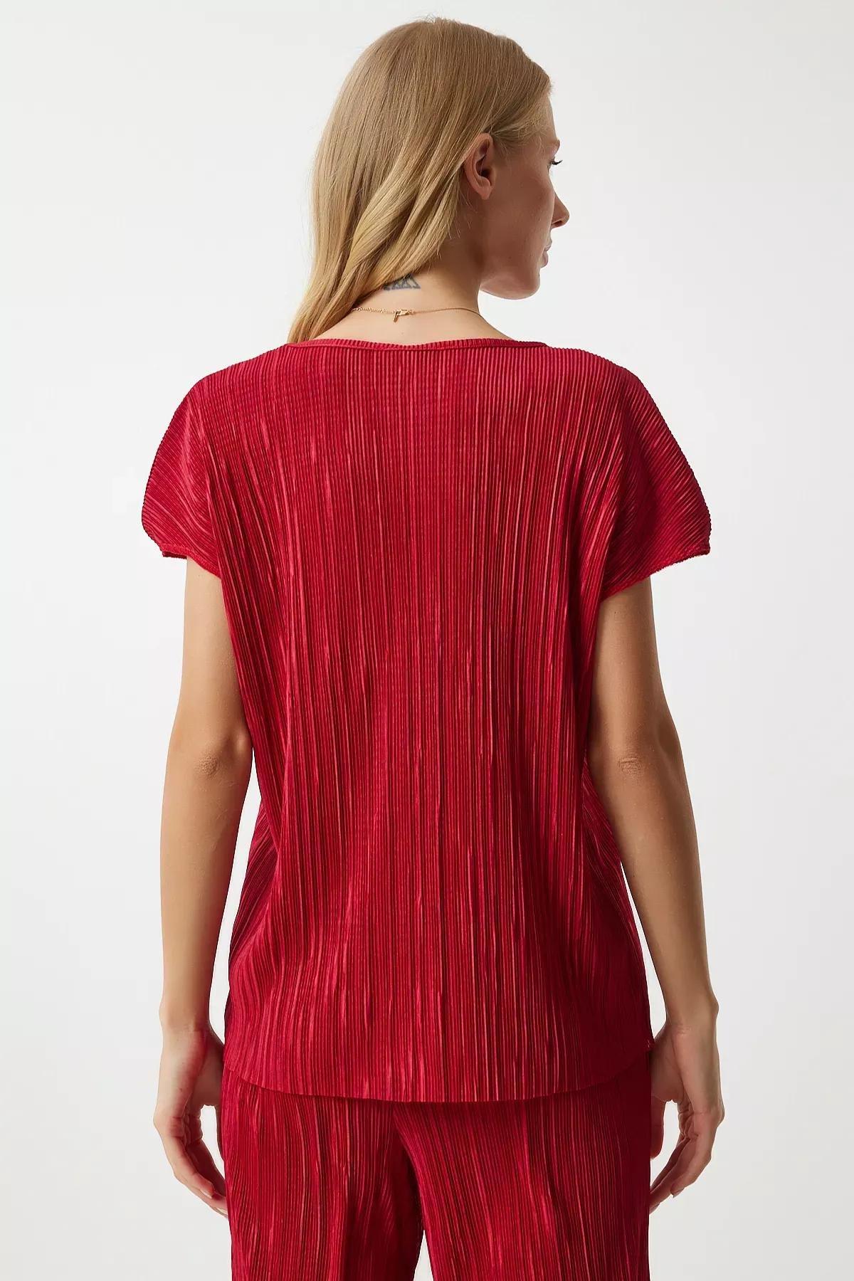 Red Pleated Casual Blouse Trousers Set, Red, large image number 5