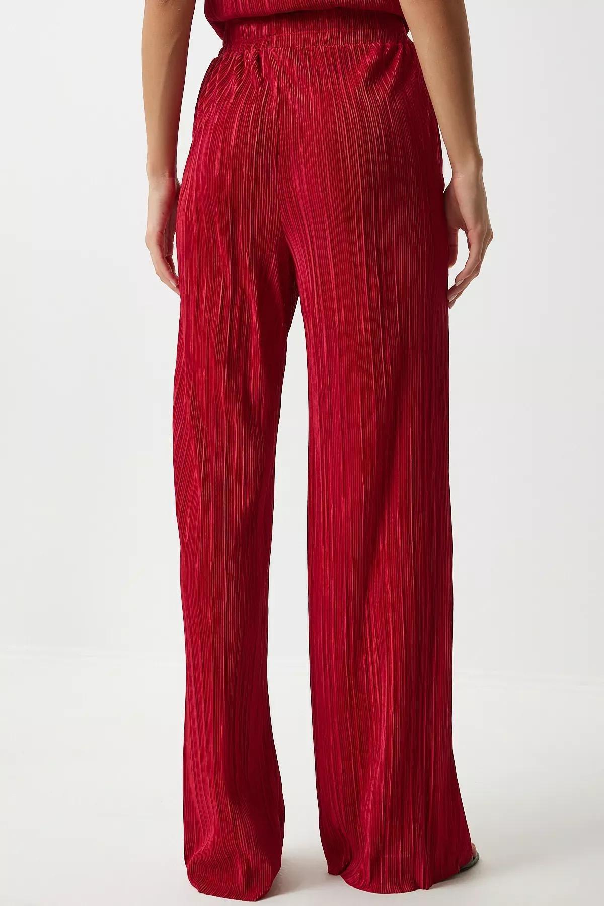 Red Pleated Casual Blouse Trousers Set, Red, large image number 6