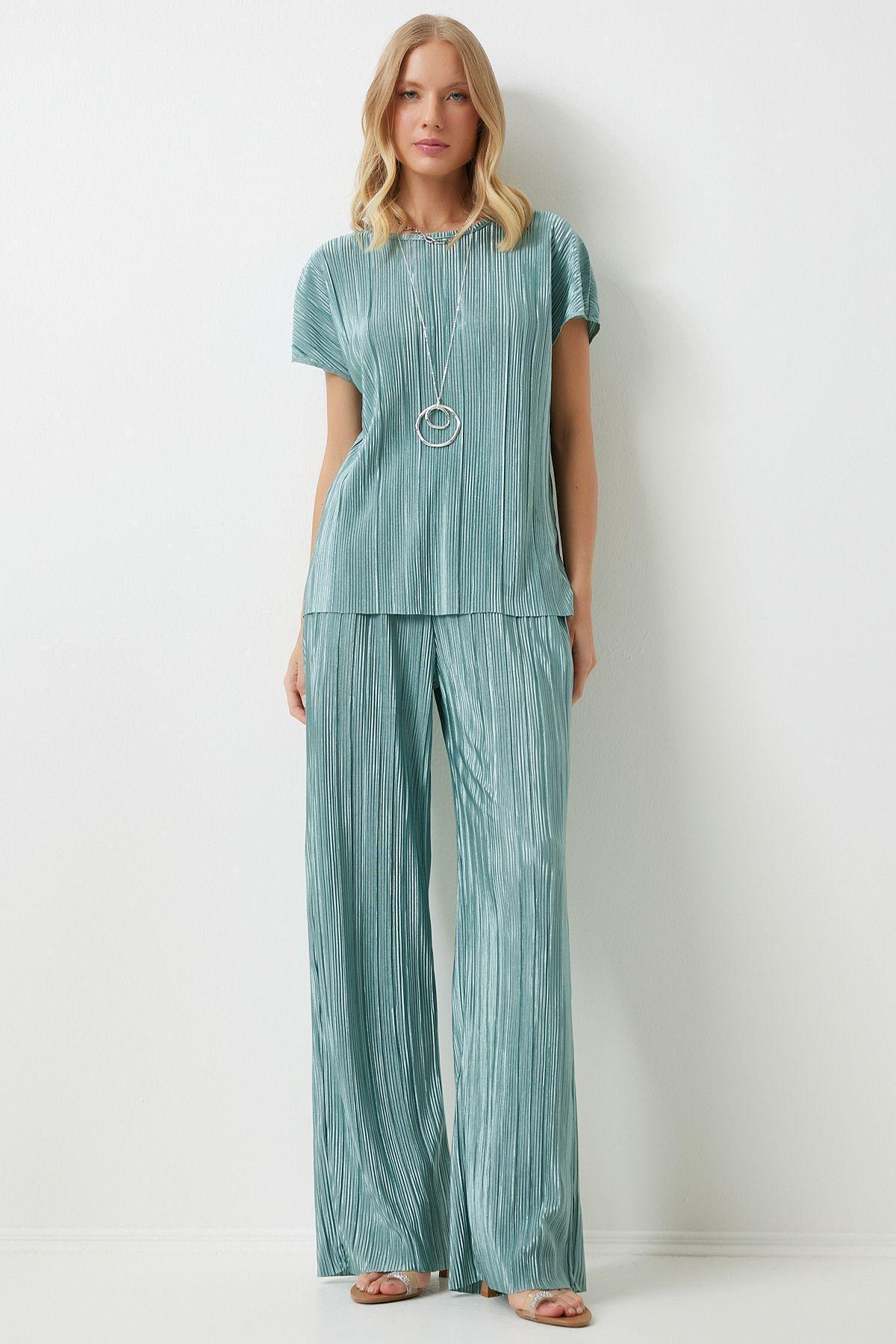 Womens Water Green Pleated Casual Blouse Trousers Set MC00283, 2s, Water green, large image number 0