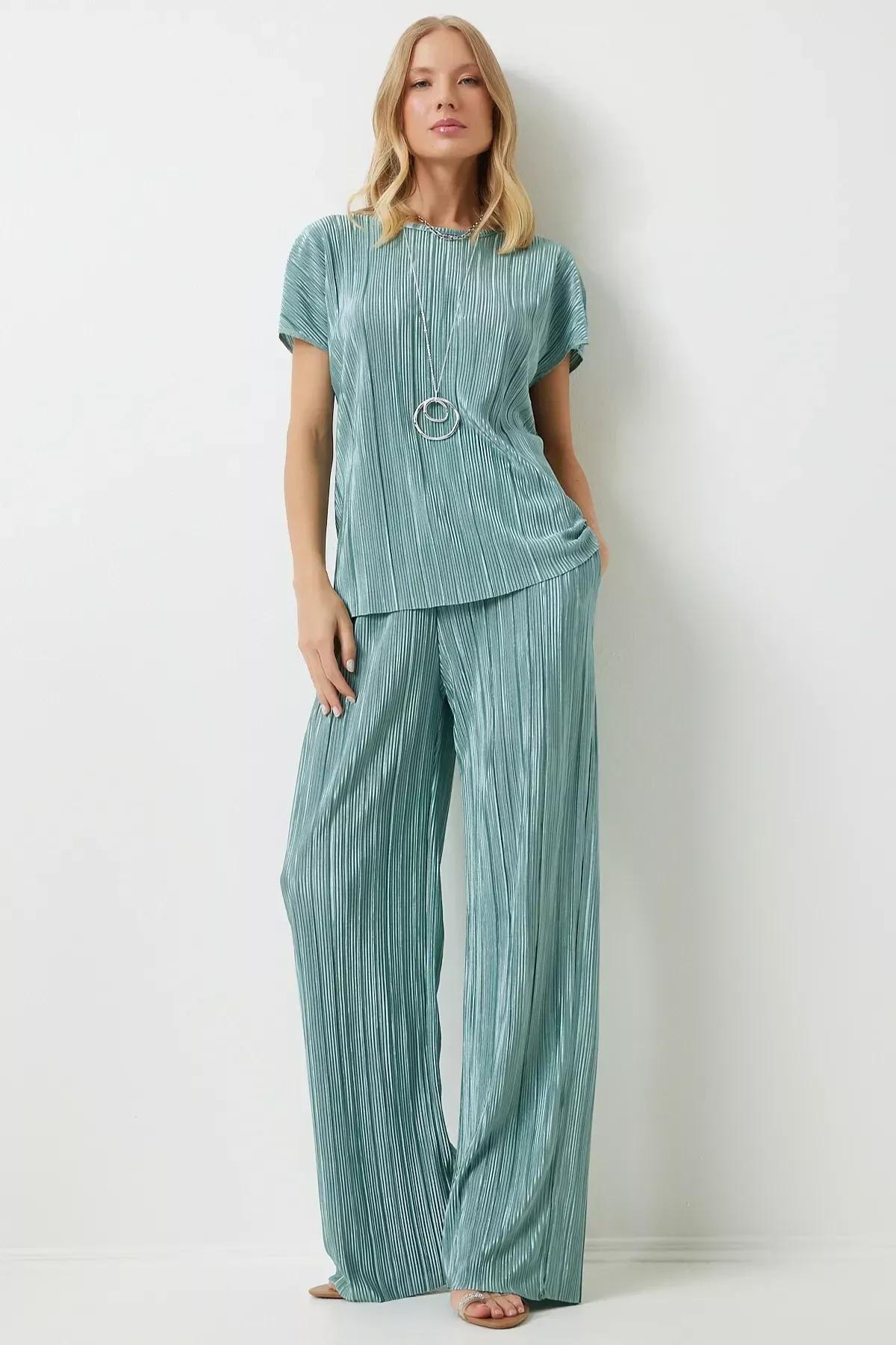Womens Water Green Pleated Casual Blouse Trousers Set MC00283, 2s, Water green, large image number 1