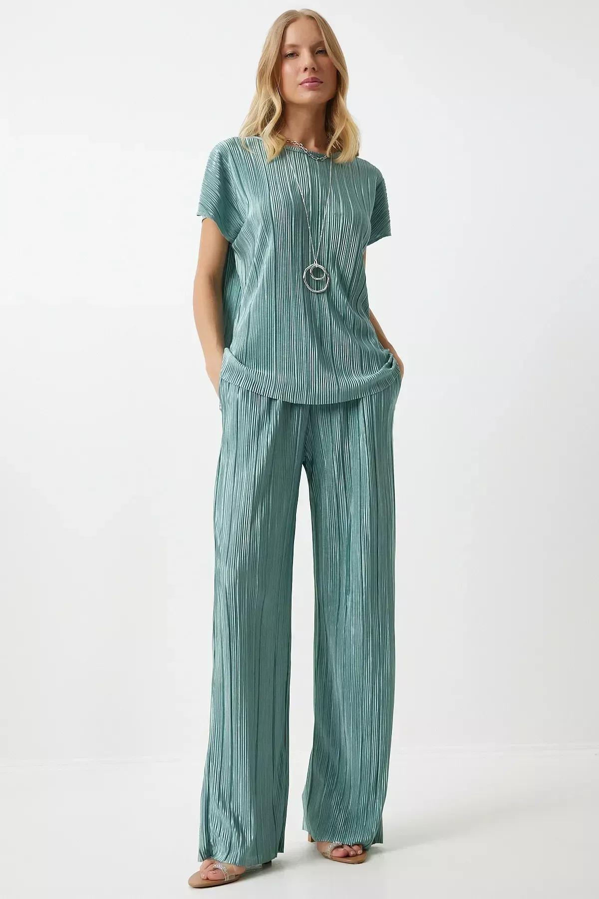 Womens Water Green Pleated Casual Blouse Trousers Set MC00283, 2s, Water green, large image number 2