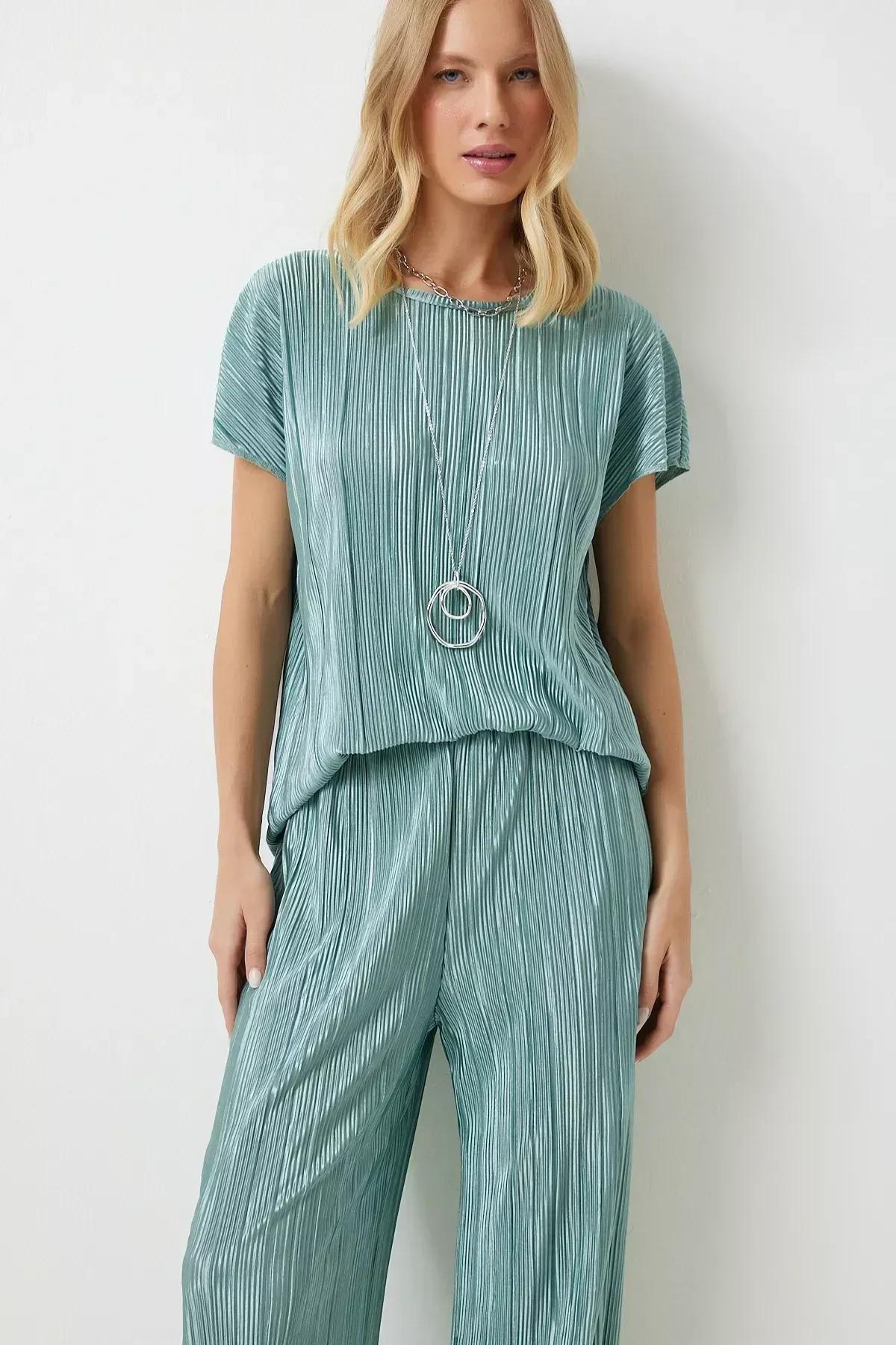 Womens Water Green Pleated Casual Blouse Trousers Set MC00283, 2s, Water green, large image number 3
