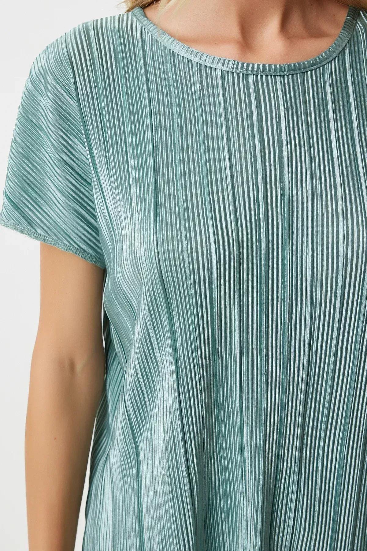 Womens Water Green Pleated Casual Blouse Trousers Set MC00283, 2s, Water green, large image number 4