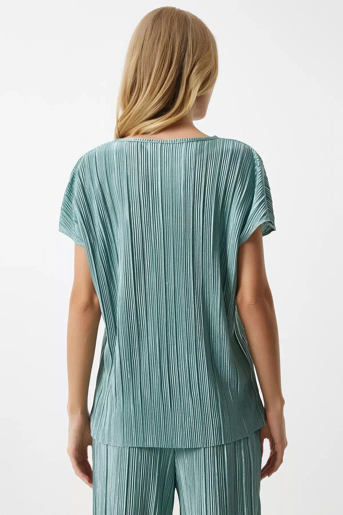 Womens Water Green Pleated Casual Blouse Trousers Set MC00283, 2s, Water green, large image number 6