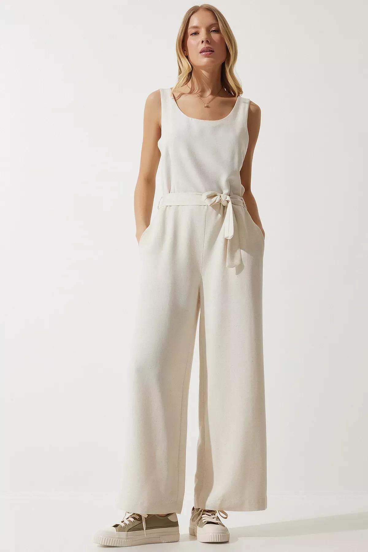Womens Cream Belted Linen Jumpsuit MC00282, single, Cream, large image number 0