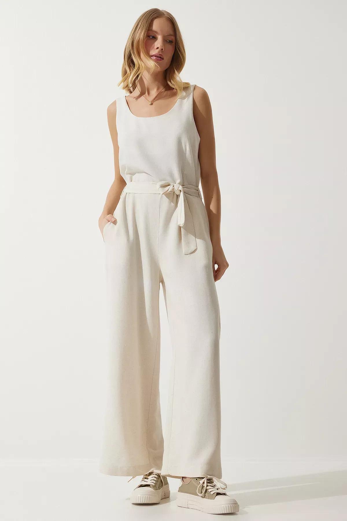 Womens Cream Belted Linen Jumpsuit MC00282, single, Cream, large image number 1