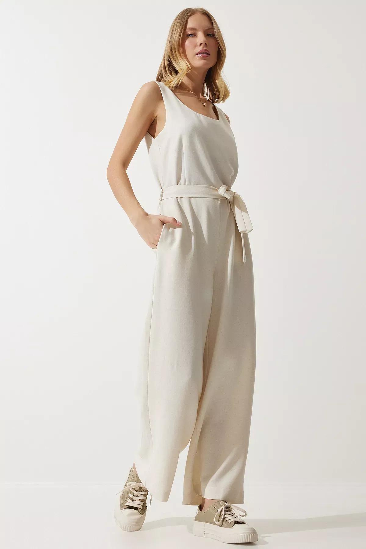 Womens Cream Belted Linen Jumpsuit MC00282, single, Cream, large image number 2