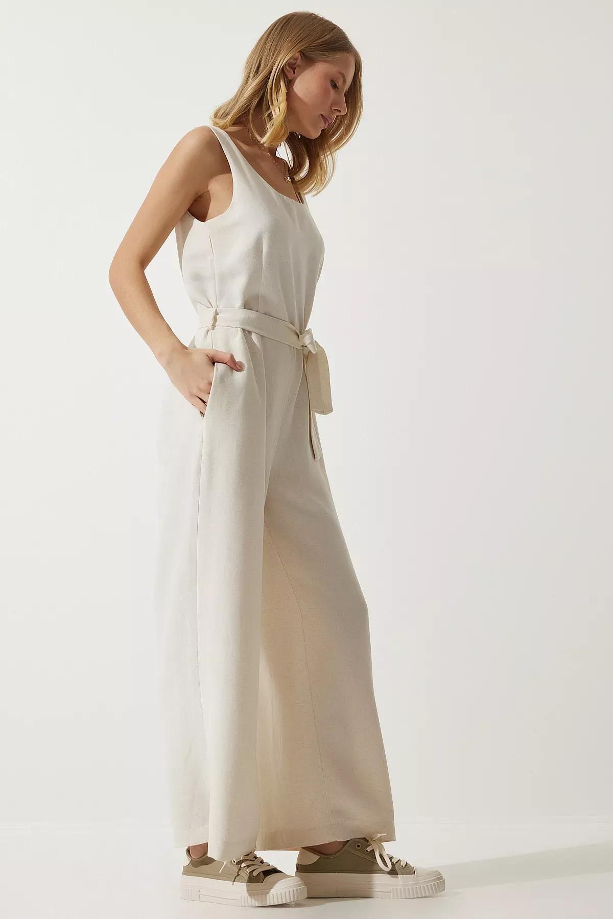Womens Cream Belted Linen Jumpsuit MC00282, single, Cream, large image number 3