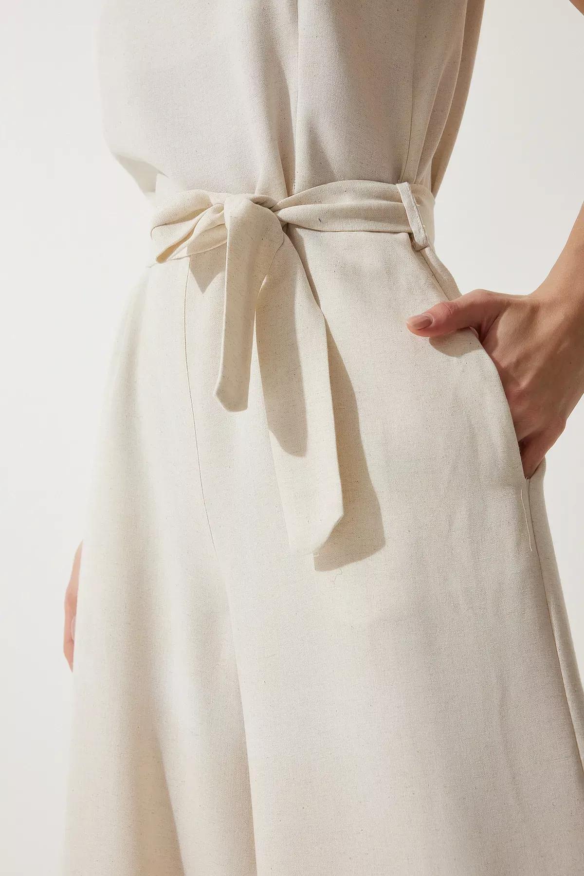 Womens Cream Belted Linen Jumpsuit MC00282, single, Cream, large image number 5