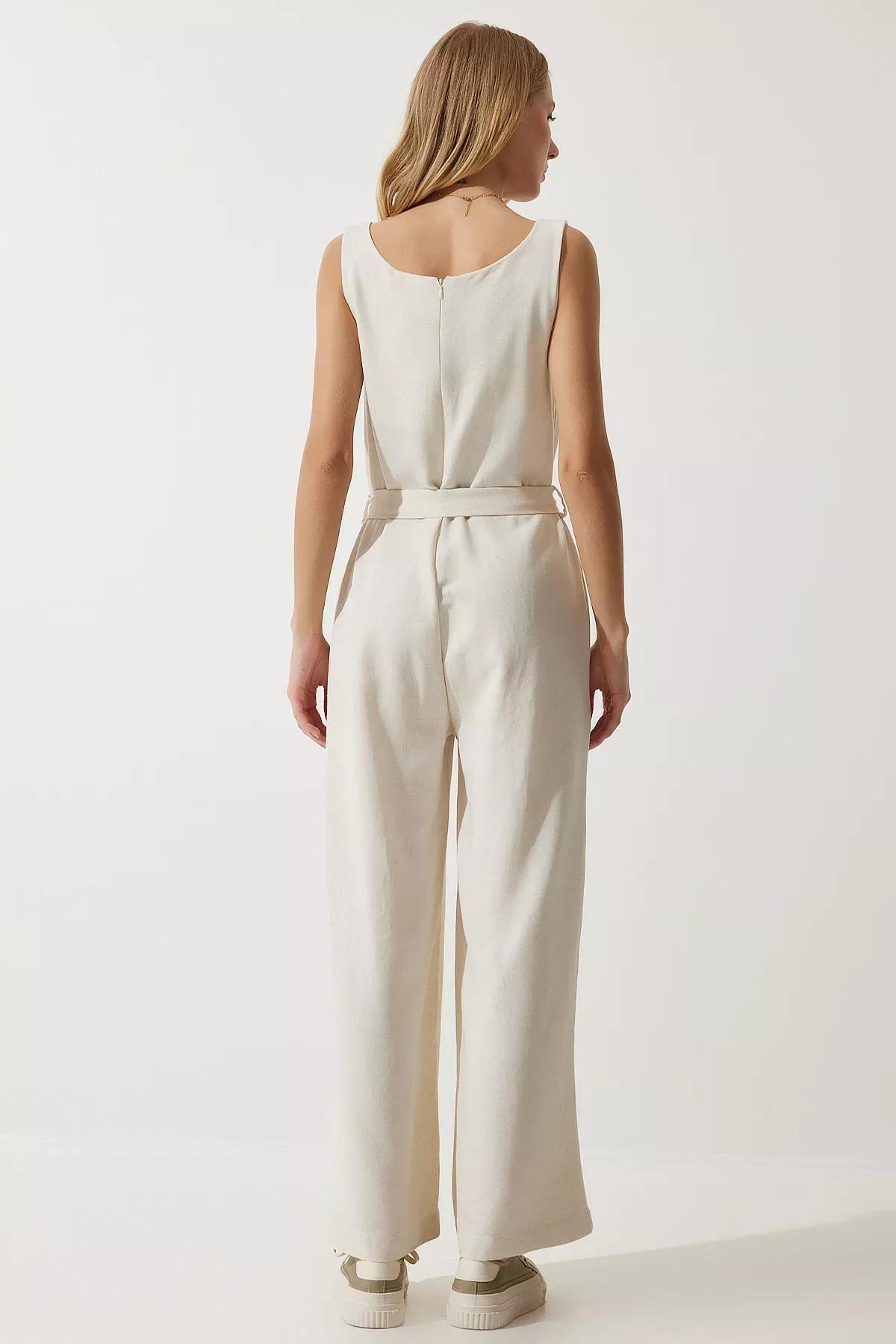 Womens Cream Belted Linen Jumpsuit MC00282, single, Cream, large image number 6