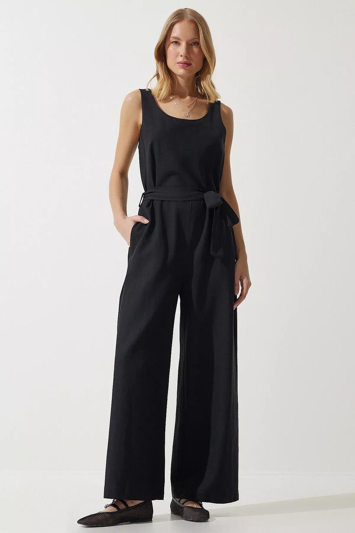 Womens Black Belted Linen Jumpsuit MC00282, single, , large image number 0
