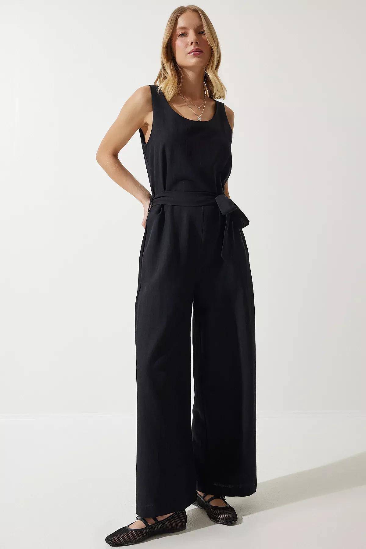 Womens Black Belted Linen Jumpsuit MC00282, single, , large image number 1
