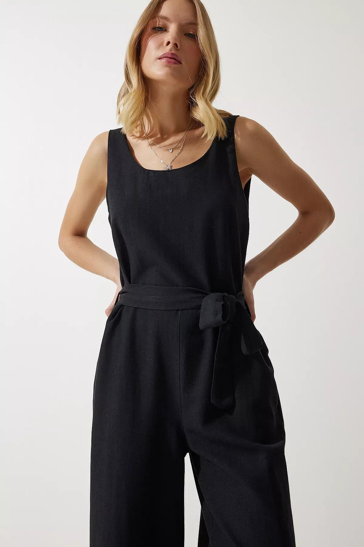 Womens Black Belted Linen Jumpsuit MC00282, single, , large image number 2
