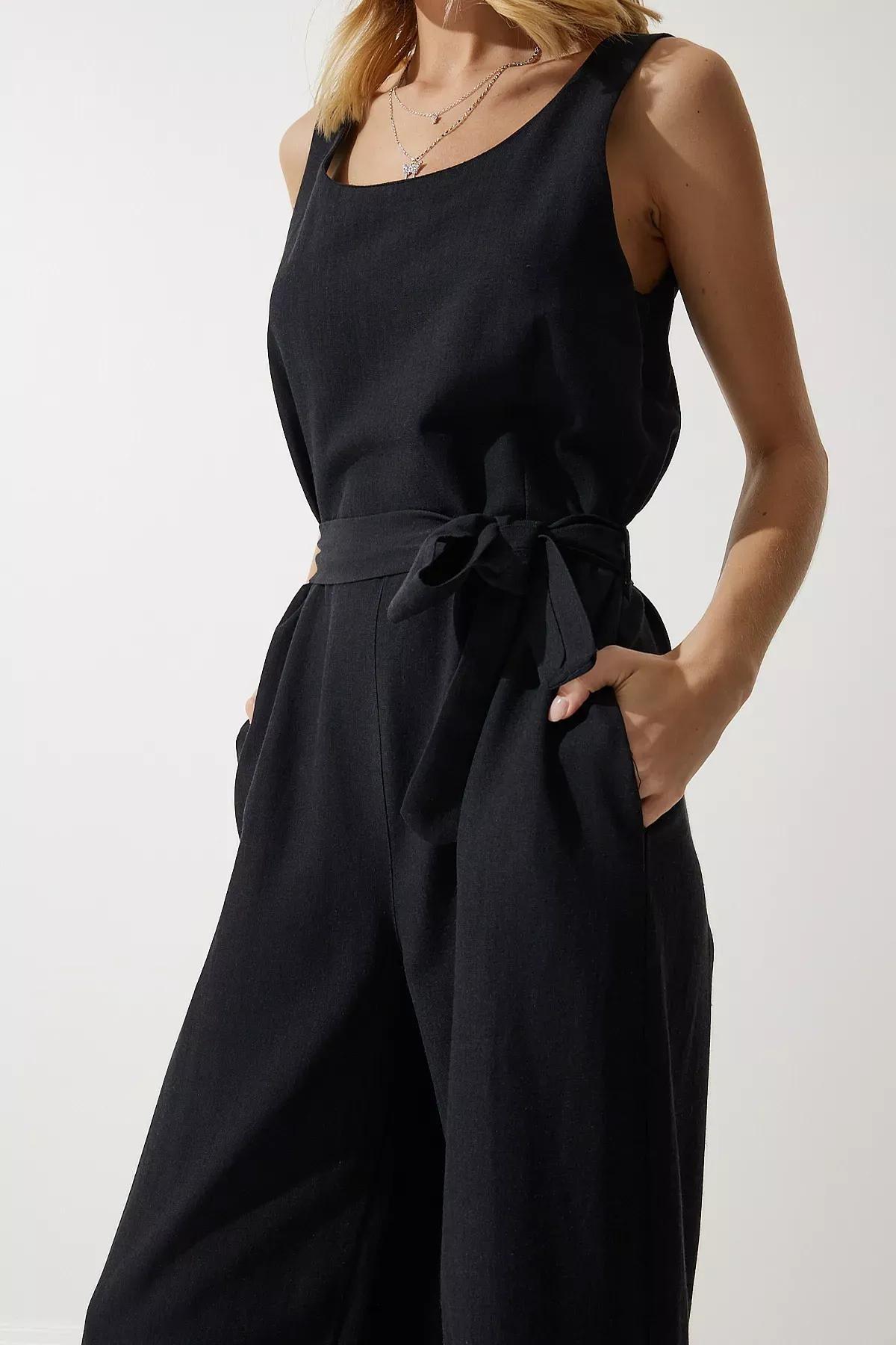 Womens Black Belted Linen Jumpsuit MC00282, single, , large image number 3