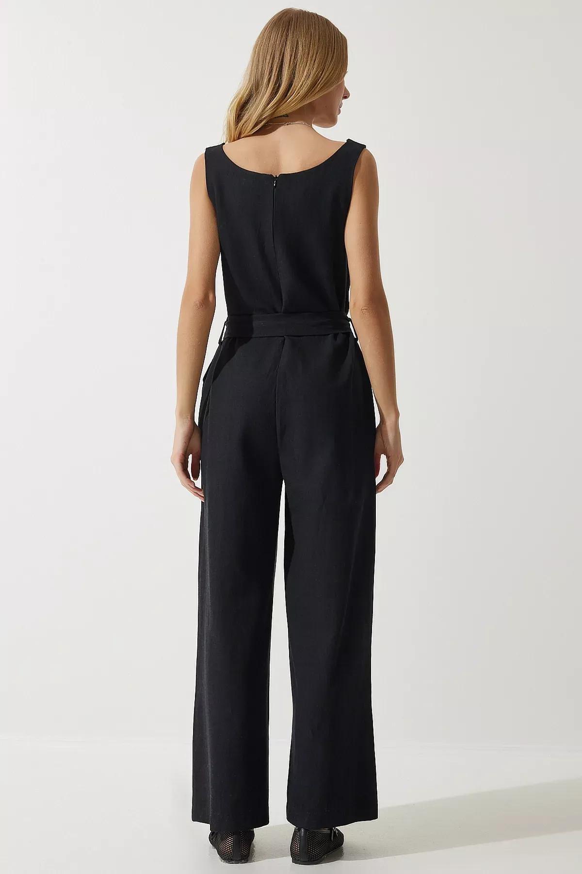 Womens Black Belted Linen Jumpsuit MC00282, single, , large image number 4