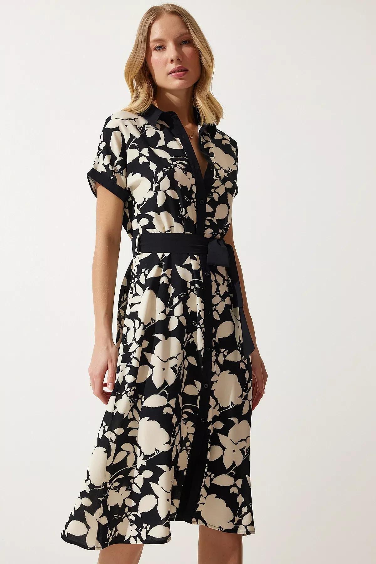 Black Floral Summer Slim Dress, BLACK CREAM, large image number 0